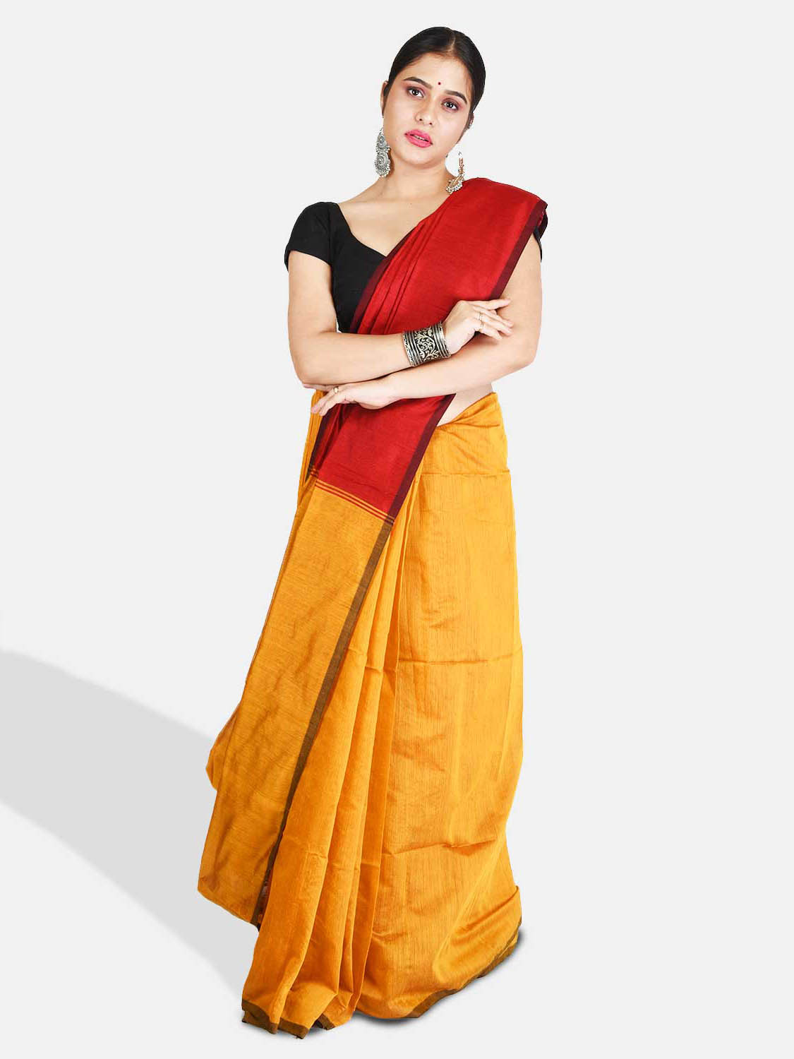 Women`s Handloom Bengal Cotton Silk Whole Body Design Bengali Cotton Silk Saree With Blouse Pcs (Deep Yellow Golden Red)